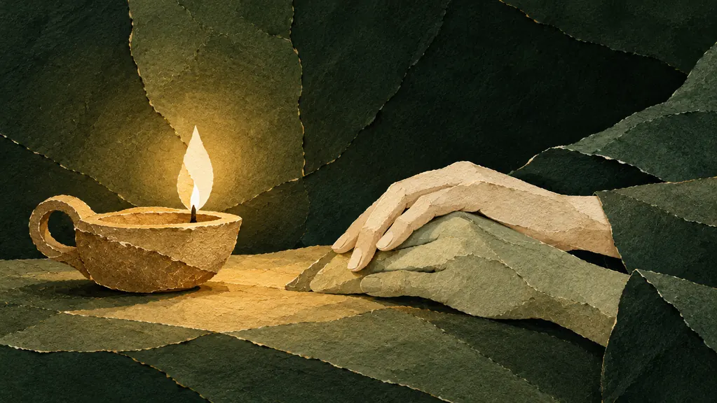 Ilustración en collage de papel para «La luz brilla en la oscuridad».