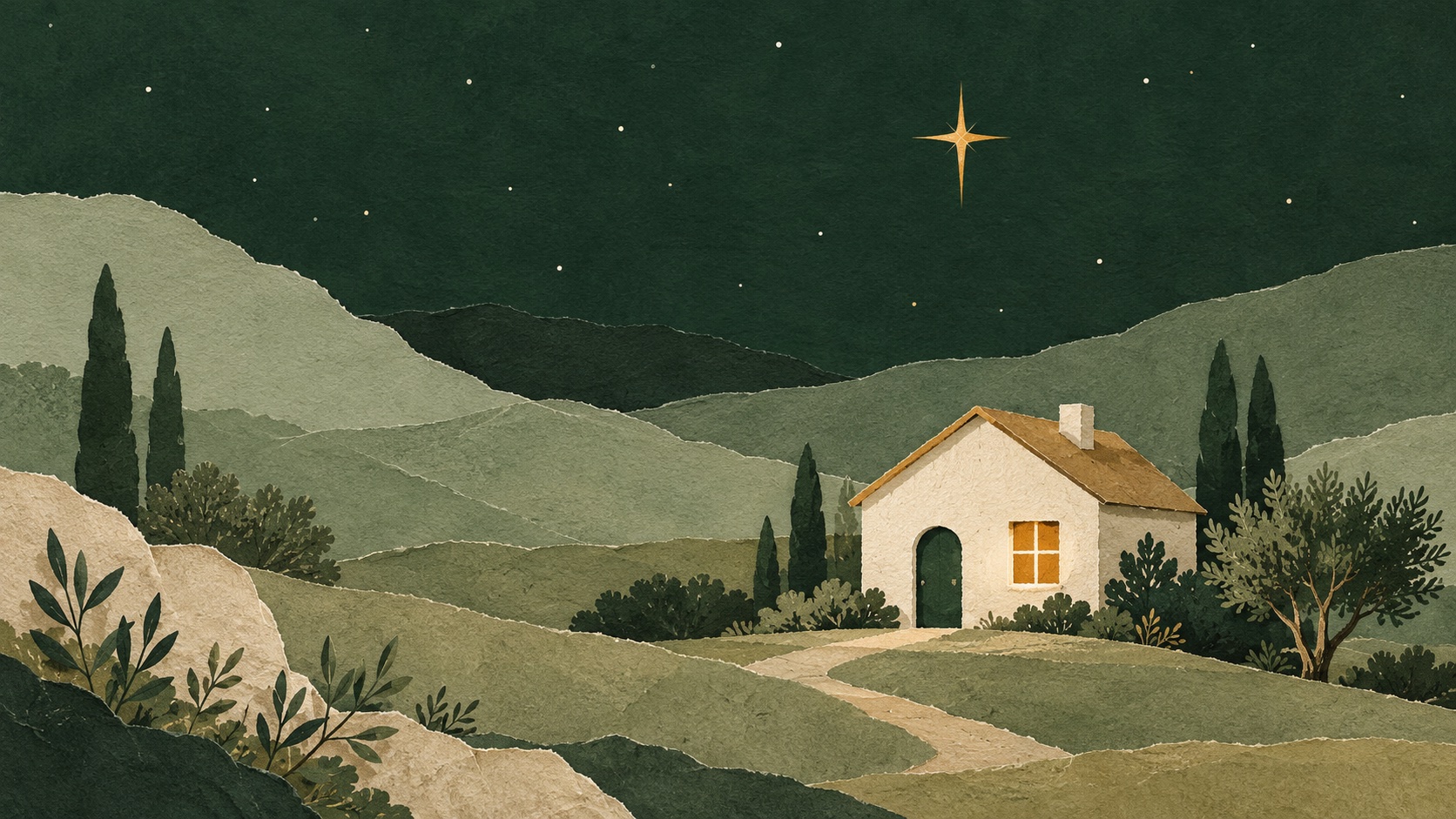 Una casa con una ventana iluminada bajo una estrella.