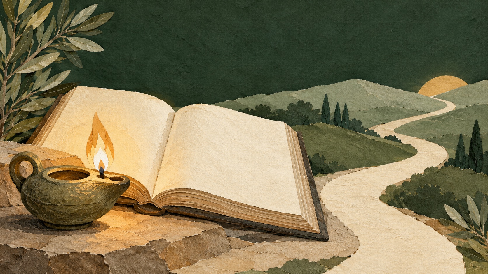 Una lámpara ilumina un libro y el camino.