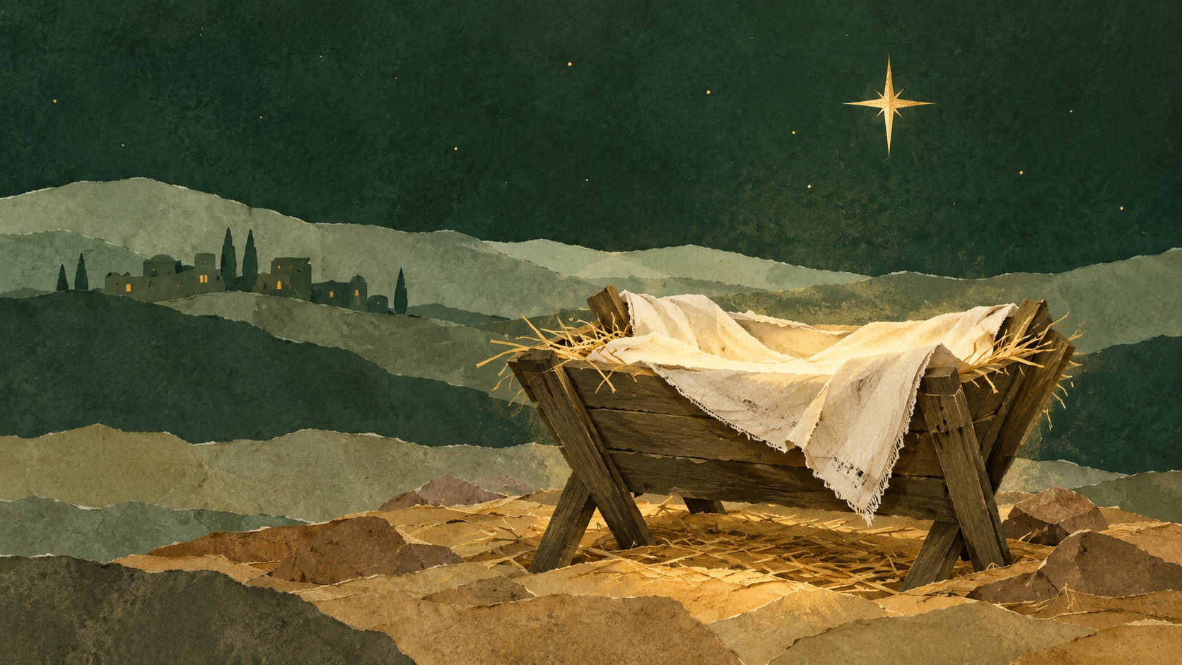 Un pesebre iluminado bajo una estrella.