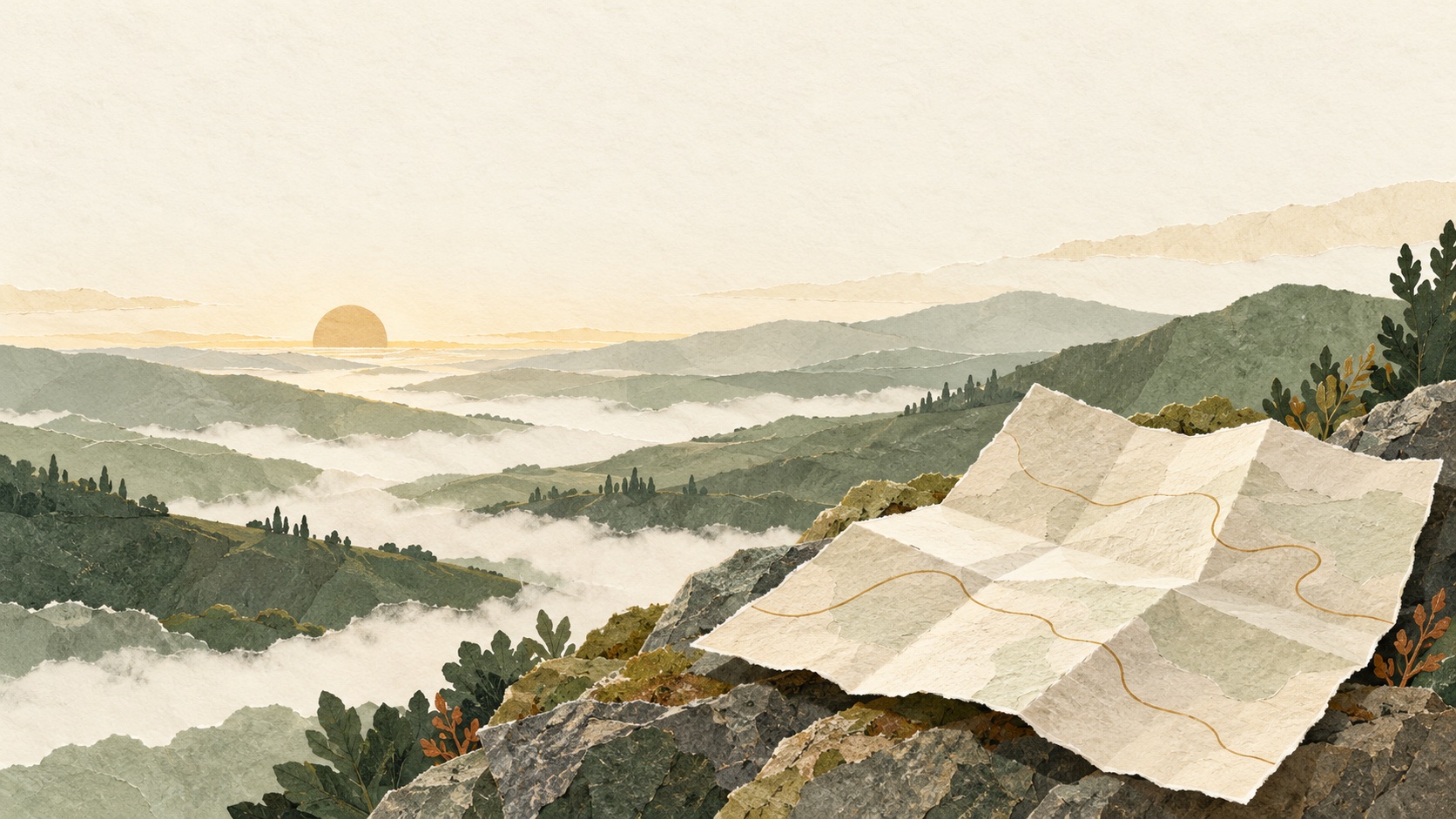 Un mapa de papel entre suaves capas de niebla.