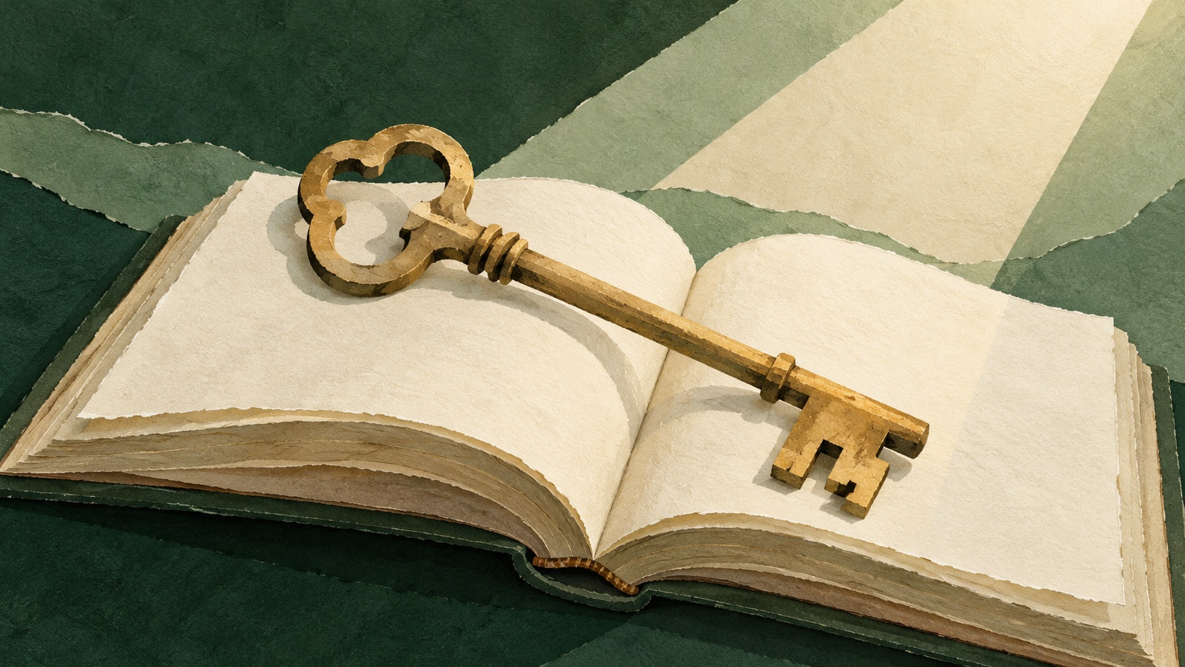 Una llave dorada sobre un libro abierto.