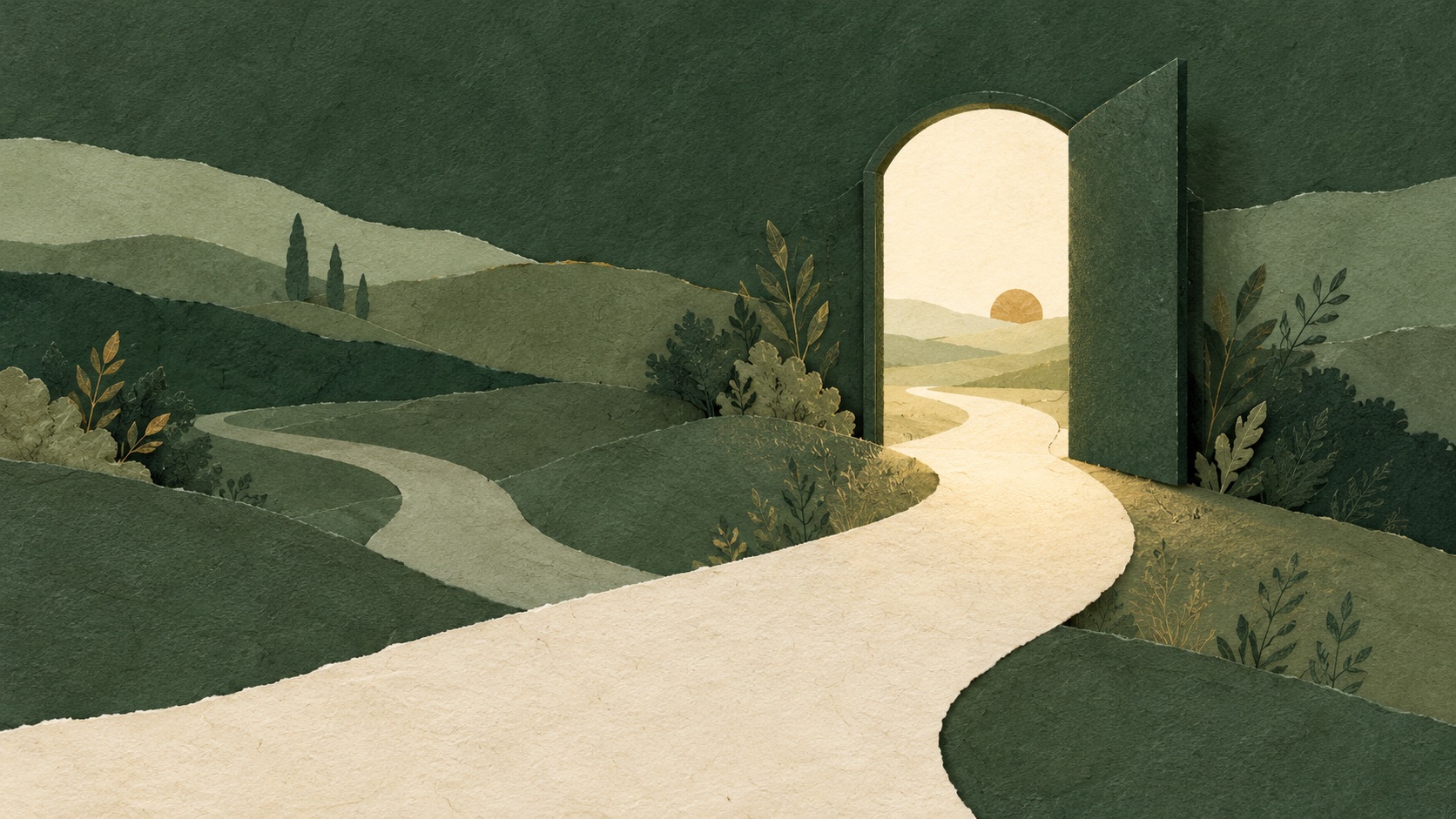 Un camino se dirige a una puerta abierta y luminosa.
