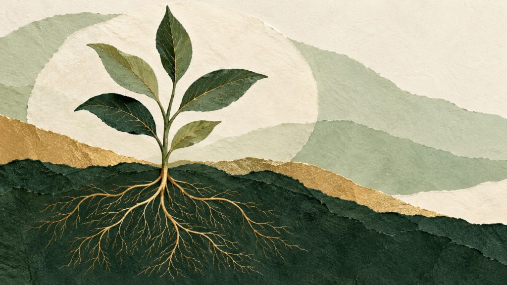 Una planta de hojas verdes con raíces doradas.